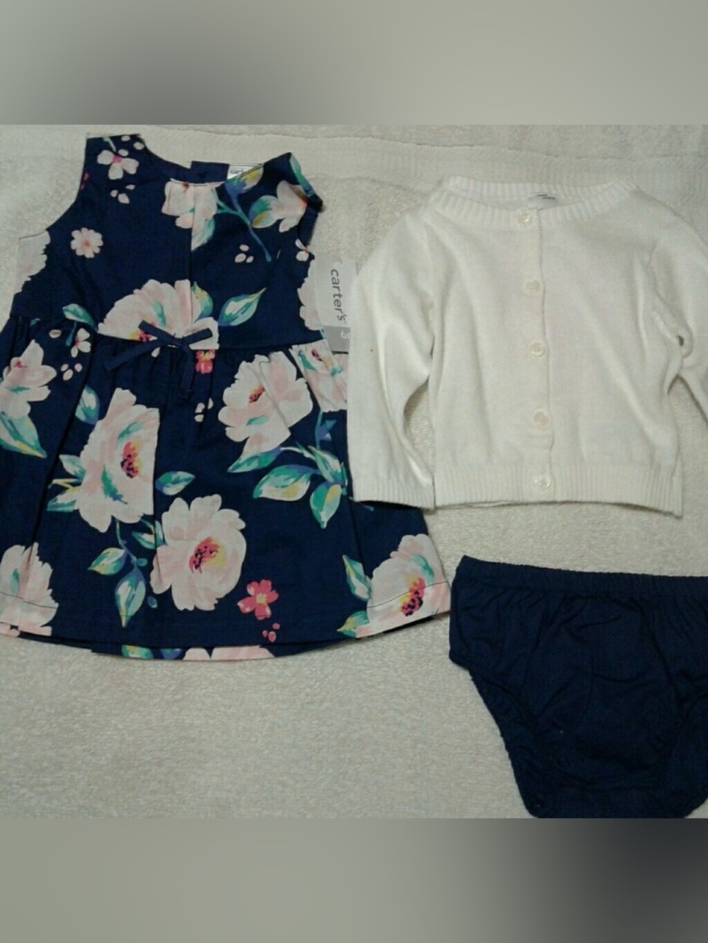 Carter's Navy Floral Baby Dress with White Cardigan and Navy Bloomers